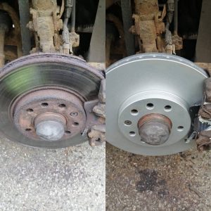 Old and new brake discs to show comparison
